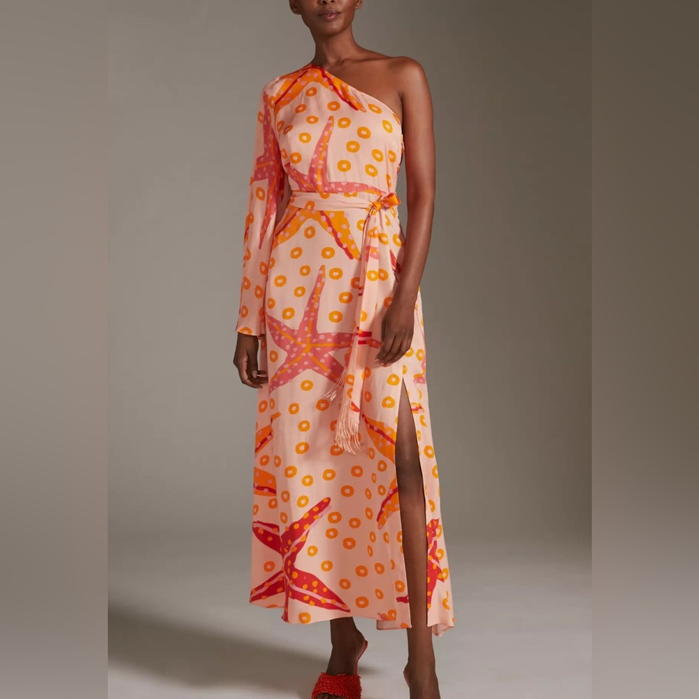 Farm Rio Summer One Shoulder Star Fish Orange Midi Dress Resort Beach Vacation